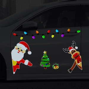 Close-up of festive Santa and reindeer magnetic decals on a dark gray car door surface