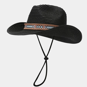 Detail of black straw cowboy hat featuring ethnic woven band and adjustable chin strap
