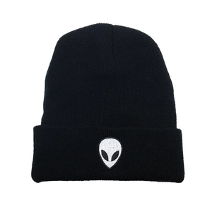 Black knit beanie with alien head embroidery patch for men and women in winter