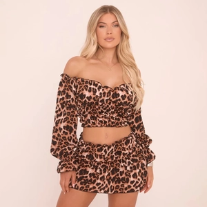 Leopard Print Off Shoulder Long Sleeve Ruched Crop Top And Layered Mini Skirt Chiffon Polyester
