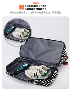 Détail du sac de voyage zébré avec compartiment à chaussures indépendant en bas