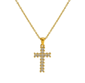 Detailed view of the gold cross pendant with shimmering pavé set cubic zirconia stones