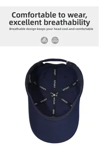 Detail view of the breathable inner lining and reinforced stitching of the navy blue sport cap
