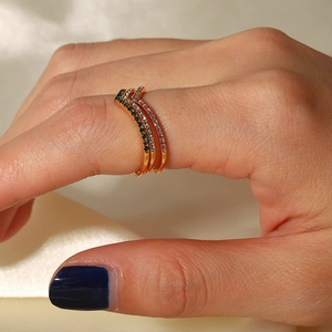 Three-piece 18K gold plated V-shaped stainless steel rings with colorful zircon stones