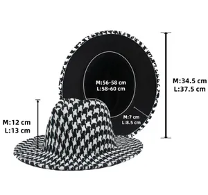Size chart showing M and L dimensions for black and white houndstooth fedora jazz hats