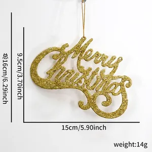 Gold glitter Merry Christmas lettering ornament with dimensions 15cm x 9.5cm