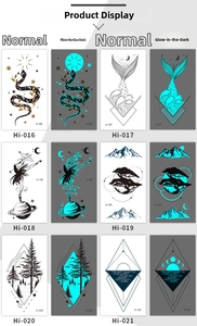 Luminous tattoo stickers set with snake and mermaid patterns in daylight and glowing views