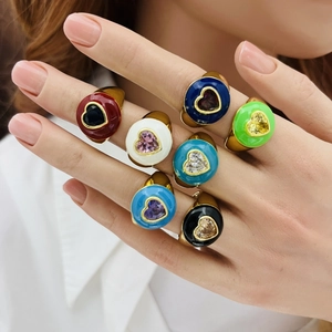 Set of colorful heart enamel zircon rings with gold metal base for women's fashion