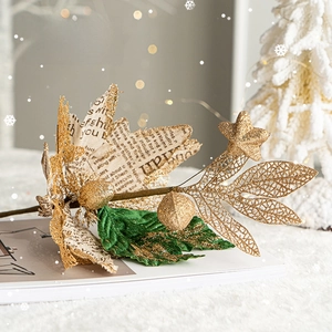 Golden and newspaper-patterned Christmas flowers for Xmas tree decoration with festive scenery