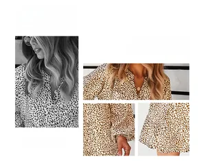 Detail view of leopard print dress featuring a deep V-neckline and elastic long sleeve cuffs