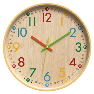 12-inch bamboo wood teaching wall clock with colorful numbers for kids learning