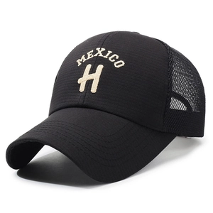 Black trucker hat with Mexico H embroidery and breathable mesh panels for outdoor sun protection