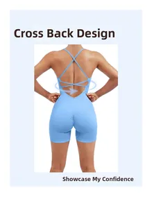 Detail of blue yoga bodysuit showing criss-cross back straps and ribbed fabric texture