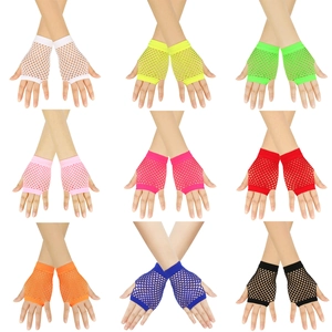 Nine colorful short mesh fishnet fingerless gloves in a neat 3x3 grid display layout