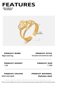 Detailed view of 18K gold plated double layer heart ring with adjustable sizing specs