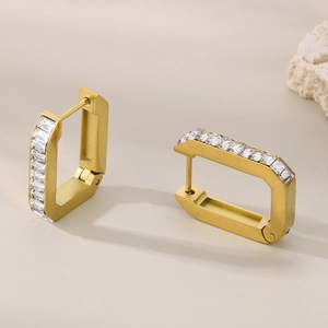 Minimalist gold geometric rectangular earrings with clear square cubic zirconia stones