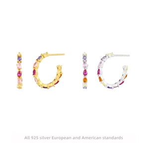 925 Sterling Silver Multicolor Zirconia C-Shaped Hoop Earrings French Style Colorful CZ Stud Earrings For Women Jewelry