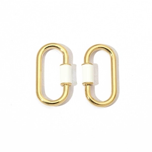 Detail of two golden oval carabiners with white screw lock mechanisms on white background
