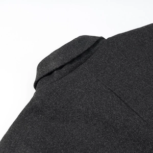 Detailed close-up of dark grey wool coat collar showing fabric texture and premium stitching