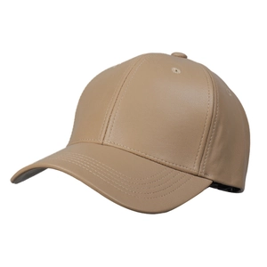 Classic khaki PU leather baseball cap with curved brim and premium textured finish