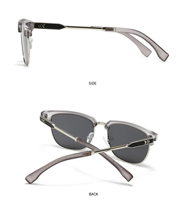 Detailed side and back views of grey semi-transparent clubmaster sunglasses with silver metal