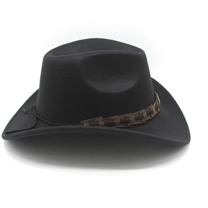 Detail of black wool cowboy hat with brown faux leather braided decorative band