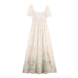 Maxikleid Mit Eckigem Ausschnitt Puffärmel Besticktes Floral Chiffon Französischer Stil Hohe Taille Elegant Damen