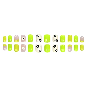 Short round press-on nails with fluorescent yellow flowers and pink daisy designs