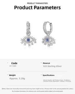 Macro detail of S925 sterling silver evil eye earrings with blue and white zircons