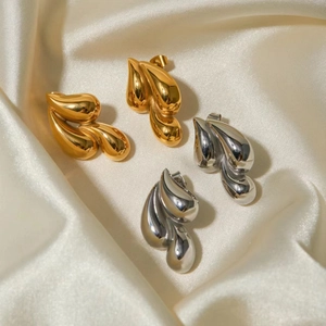 Minimalist 18k gold and silver stainless steel triple water drop earrings for women