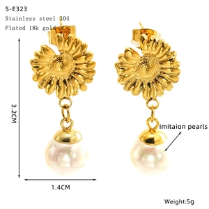 Detailed specs of gold flower earrings with pearls, 304 stainless steel and 18K plating