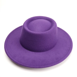 Detail view of deep purple wool felt jazz hat showing wide brim and top texture