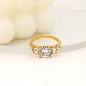 French vintage 18K gold plated stainless steel ring with zircon stones shown in detail