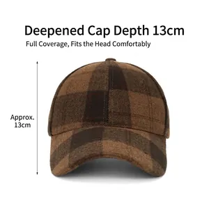 Vintage dark brown plaid wool baseball cap for women with deep fit 13cm crown design