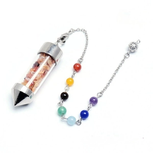 Chakra dowsing pendulum with natural stones and seven colorful beads on a silver chain