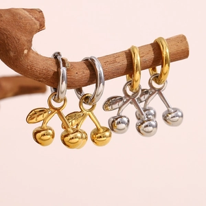 Boucles D'oreilles Pendantes Cerise Acier Inoxydable Plaqué Or 18K Bicolore Forme De Fruit Bijoux De Mode Pour Femmes