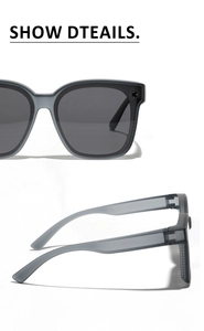 Detail view of translucent grey frames with polarized lenses and metal rivet accents