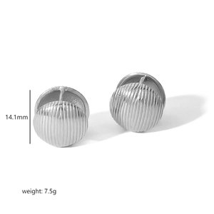 Detailed view of silver striped sphere earrings with 14.1mm size and 7.5g weight info