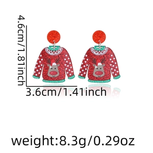 Detail showing acrylic Christmas sweater earring dimensions 4.6cm by 3.6cm on white background