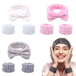 Plush bow spa headband and wristband set in white, pink, and grey for washing face