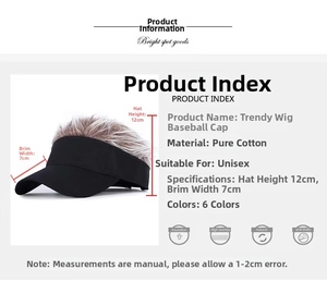 Detailed size specifications for a trendy cotton baseball cap with grey-brown wig hair top