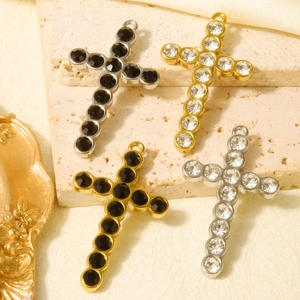 Detail view of 304 stainless steel cross pendants with inlaid rhinestones and top loops
