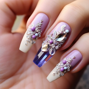Close-up of luxury press-on nails featuring purple gradients with pearls and rhinestones