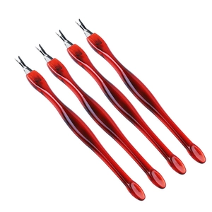 Set of 4 amber red professional cuticle trimmers with sharp V-shaped metal blades