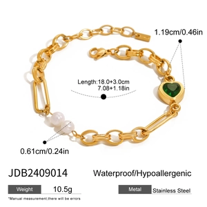 Detailed specs of gold heart charm and pearl stainless steel bracelet for women