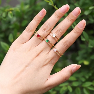 Set of four 18K gold plated minimalist rings with colorful square zircon stones