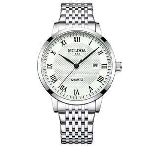 Classic men's quartz watch with silver steel band, white dial and Roman numerals