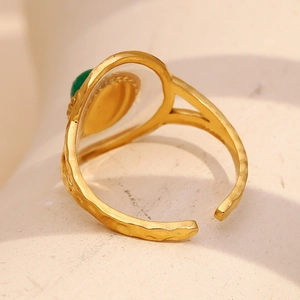 Retro 18K gold plated stainless steel open ring with a green round gemstone inlay