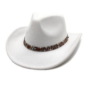 Detailed view of white wool felt fedora with bohemian evil eye braided band decoration