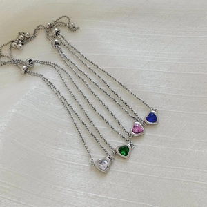 Adjustable stainless steel heart zircon bracelets set in four colorful gemstones